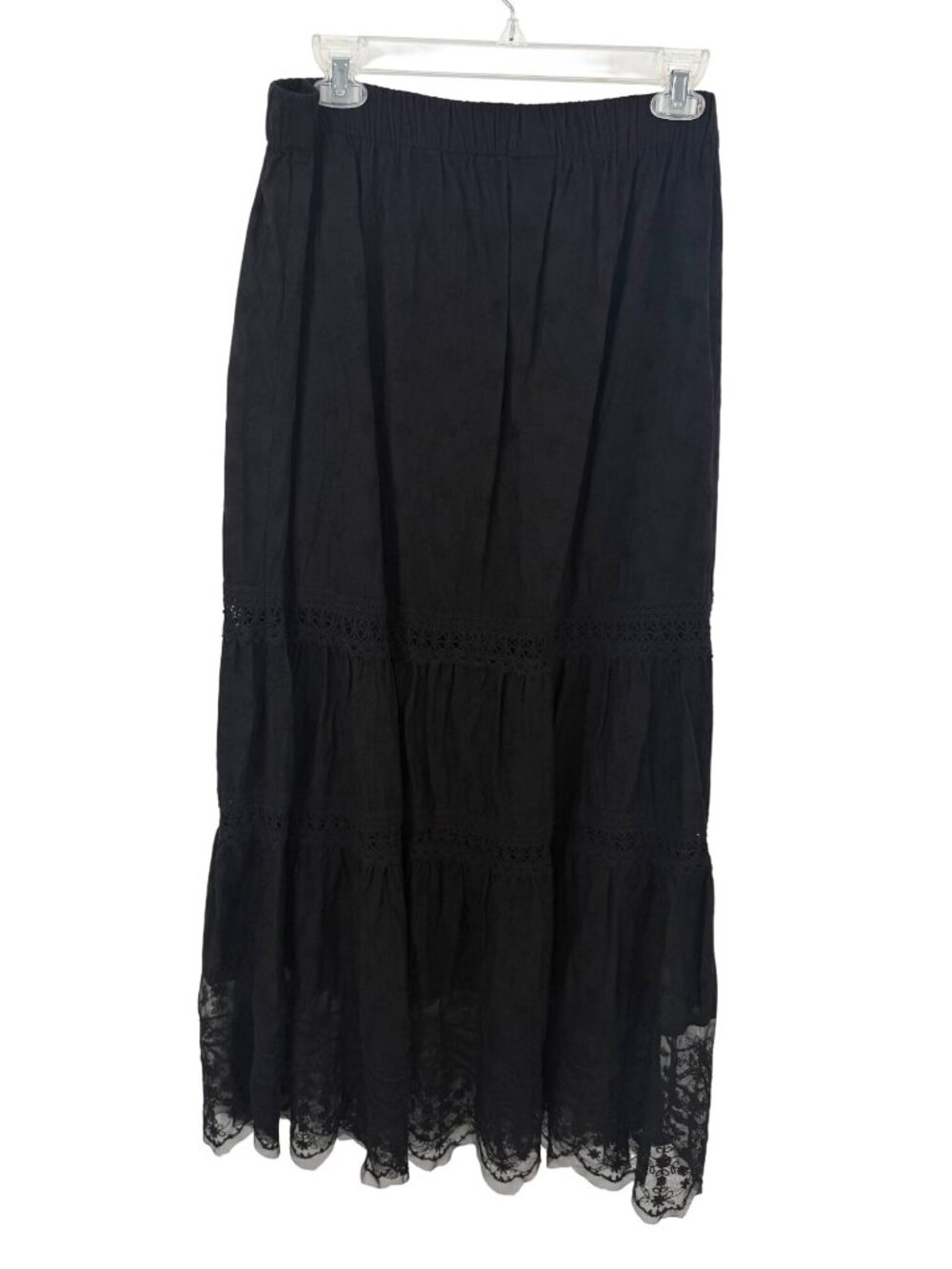 SUSAN GRAVER BLACK TIERED BOHO CROCHET MAXI SKIRT W/ LACE BOTTOM - L - Picture 4 of 5